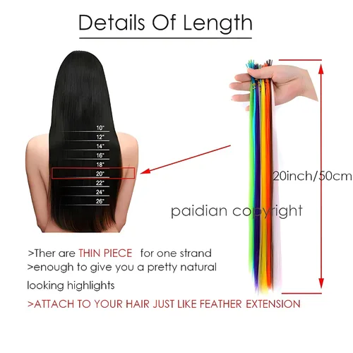 Miniatura 8 de Extensiones de cabello arcoíris, 100 unidades de rayas de cabello de colores para niñas y mujeres, extensiones sintéticas rectas de 20 pulgadas