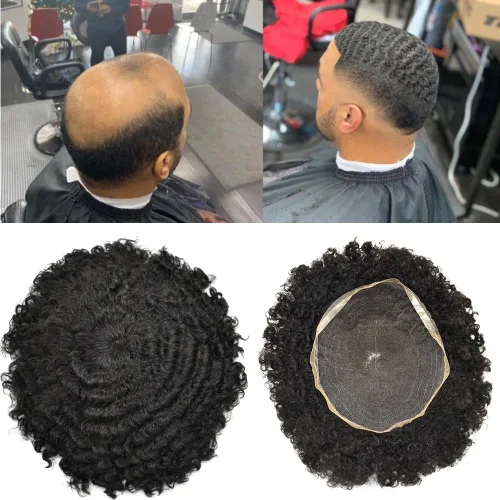 Miniatura 10 de Afro Toupee Full French Lace Man Weave Unidad de cabello 100% virgen humano rizado rizado unidades de repuesto para hombres negros, 8 x 10 pulgadas
