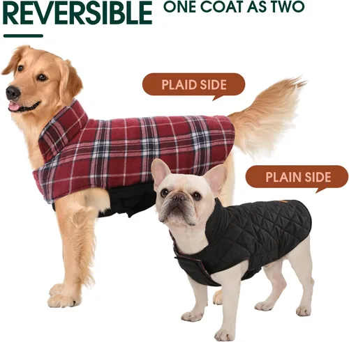 Miniatura 4 de Kuoser - Abrigo rojo para perro, abrigo de invierno a cuadros, impermeable, reversible, S-XS