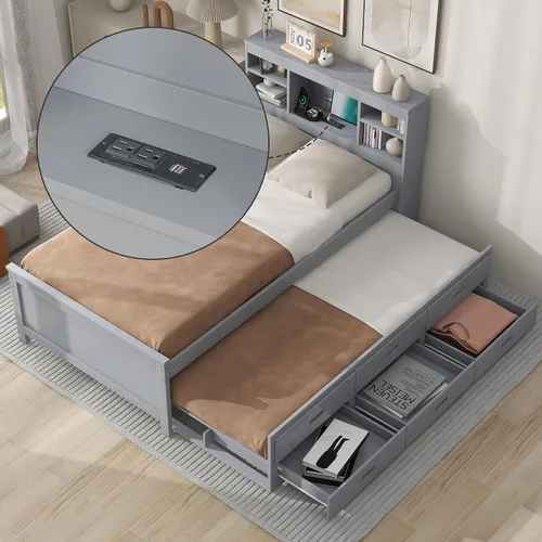 Miniatura 4 de Cama de plataforma de tamaño individual con cabecera de almacenamiento, cama nido individual y estación de carga, cama capitanes de madera de pino