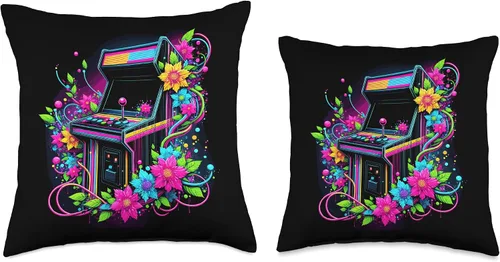 Miniatura 3 de Retro 80s Floral Arcade Machine Vector Throw Pillow