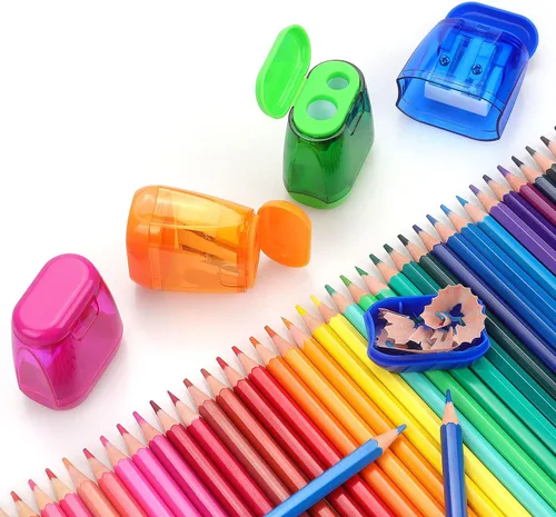 Miniatura 7 de Paquete de 4 sacapuntas manuales de doble agujero con tapa para niños, escuela, oficina, hogar (azul, verde, naranja, rosa)