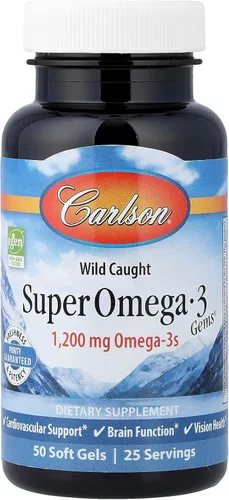 Carlson - Gemas súper omega-3, 1200 mg de Omega-3, capturadas en la naturaleza, de origen sostenible, 50 geles blandos