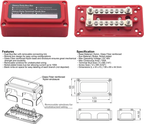 Miniatura 6 de Barra colectora de 12V-48V DC 100A Bloques de distribución de energía Módulo de servicio pesado 4 postes de 1/4 pulgadas + 12 terminales