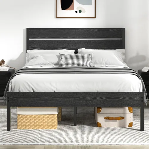 Miniatura 15 de VECELO Base de cama tamaño individual, plataforma de metal resistente con cabecera de madera, no necesita somier, color marrón antiguo