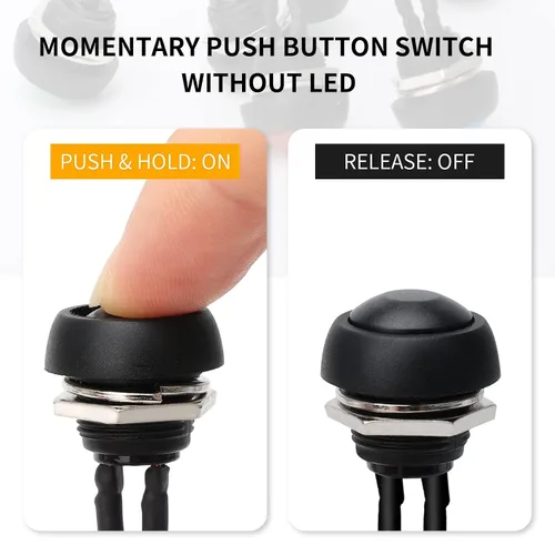 Miniatura 4 de STARELO 6 interruptores de botón momentáneos de 0.472 in, mini interruptor redondo impermeable SPST 3A 125V AC 2Pin 1NO con cable pre-soldado Negro
