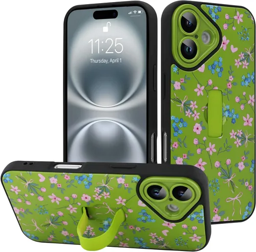 Miniatura 103 de Funda diseñada para iPhone 17 Pro Max con soporte plegable y correa para dedos, bonito patrón de lazo de corazón de flor rosa para mujeres y niñas