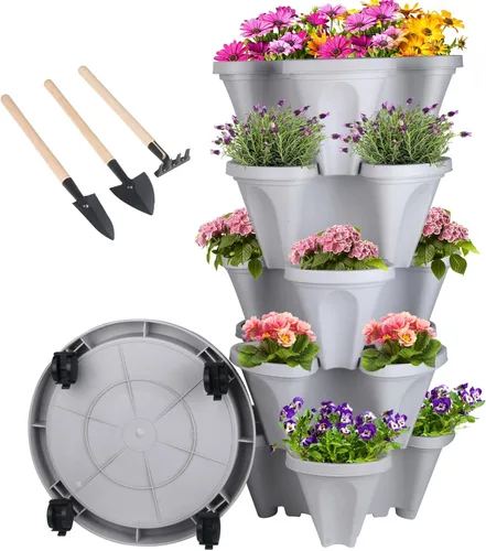 Miniatura 18 de Macetas apilables de polipropileno DUNCHATY, de 5 niveles, verde pino, para interior/exterior, 29" de altura x 13.6" de diámetro 2-1 Paquete