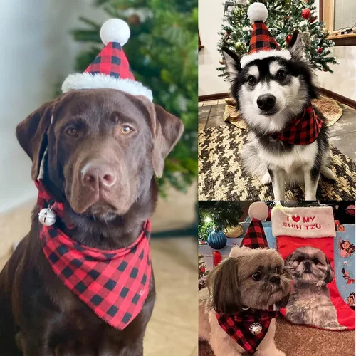 Miniatura 2 de ADOGGYGO Juego de bandana de Navidad para perro, sombrero y pajarita, clásica a cuadros rojos, bufanda de Navidad para mascotas, disfraz de Navidad