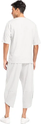 Miniatura 4 de Babioboa Conjunto de 2 piezas de lino para hombre, camisa hippie de manga corta y pantalones capri harén holgados para playa, pantalones de yoga