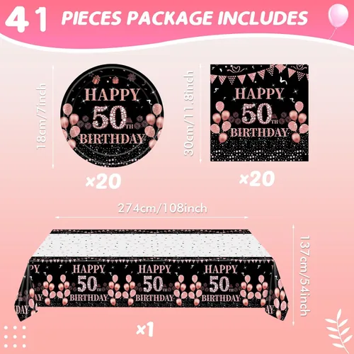 Miniatura 2 de Ryzovo - Decoraciones de cumpleaños 50 para mujer, platos de papel desechables negro y oro rosa, suministros de fiesta para 20 invitados, 41 piezas