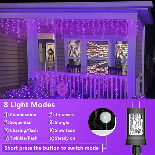 Miniatura 4 de QITONG - Tira de luces de carámbanos rojas y blancas para exteriores, 33 pies con 400 LED, 8 modos, alambre transparente, luces de Navidad