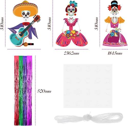 Miniatura 2 de TaoBary Juego de 15 decoraciones del Día de los Muertos de 34 pulgadas, decoración colgante de calavera de azúcar de 16.4 pies, pancartas de papel