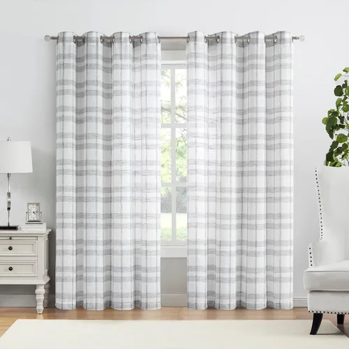 Miniatura 8 de SXZJTEX Cortinas a cuadros grises y blancos, cortinas rústicas de lino traslúcido a cuadros de 63 pulgadas de largo para sala de estar, dormitorio