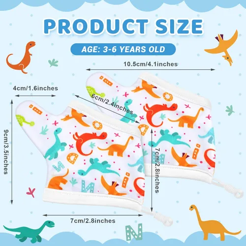 Miniatura 2 de Seematn 4 pares de guantes de succión de pulgar transpirables para niños pequeños que dejan de chupar los dedos de los dedos (3-6 años, dinosaurio)