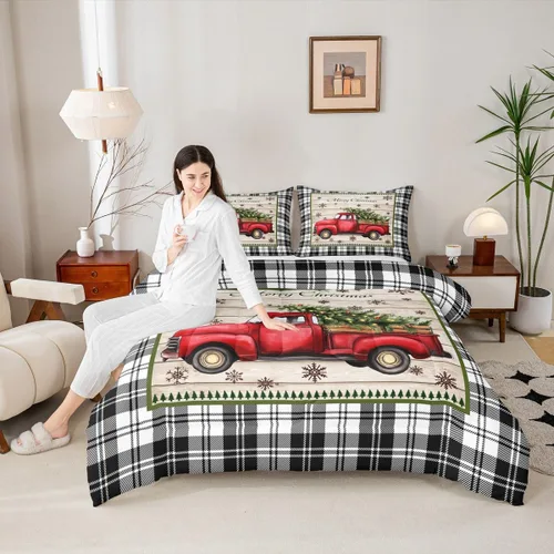Miniatura 44 de Juego de edredón de Feliz Navidad para niños, tamaño twin, juego de ropa de cama de camión rojo árboles de pino copos de nieve, decoración
