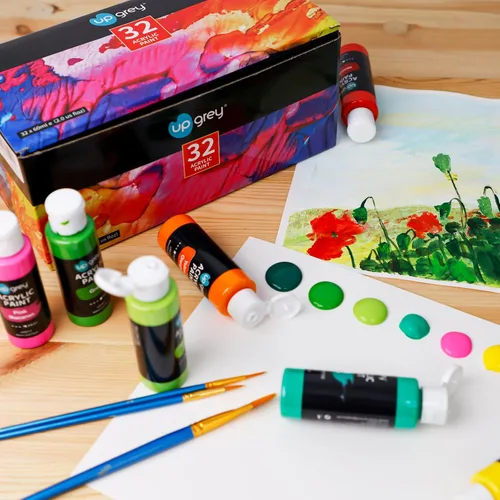 Miniatura 7 de UPGREY Juego de pintura acrílica de 32 colores, pinturas artísticas no tóxicas (2 onzas líquidas cada una) con 5 pinceles de pintura para 32