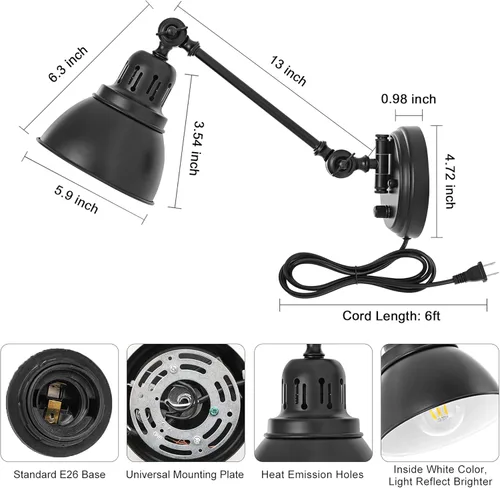 Miniatura 6 de GOODATE ENCOMLI - Juego de 2 apliques de pared enchufables con interruptor de encendido y apagado regulable, lámpara de pared con brazo oscilante