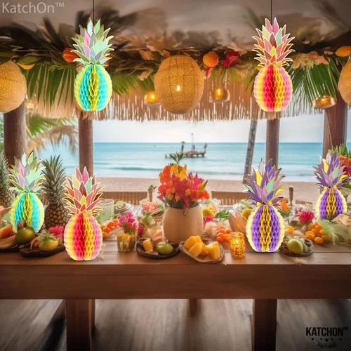 Miniatura 5 de KatchOn, Enorme centro de mesa de piña para mesas, 12 pulgadas, paquete de 6, decoraciones de fiesta Luau, decoración de fiesta tropical, de playa