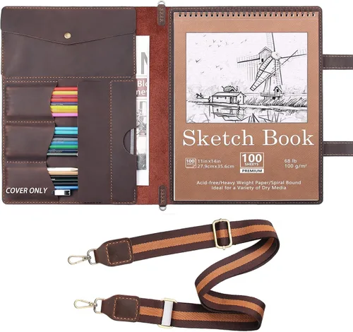 Miniatura 9 de Robrasim Funda de Cuero para Cuaderno de Bocetos Hecha a Mano, Soporte para Bloc de Bocetos de Artista para Cuaderno de Bocetos de 9 x 12 pulgadas