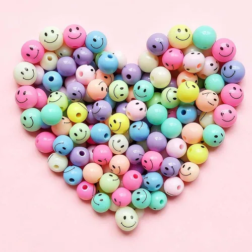Miniatura 3 de 100 cuentas acrílicas de cara sonriente linda para pulseras, collares, manualidades y fabricación de joyas (colores mezclados, 0.394 pulgadas)