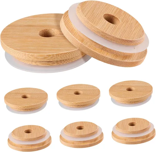 Miniatura 7 de Hemoton 8 tapas para tarros con anillo de sellado, tapas reutilizables de bambú para frascos, para latas de boca ancha, 2.47 pulgadas