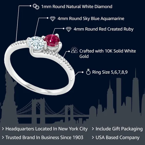 Miniatura 2 de Gem Stone King Anillo de compromiso Forever United de oro blanco de 10 quilates con 2 piedras rojas creadas en rubí y azul cielo aguamarina