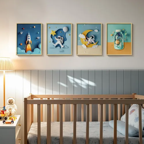 Arte de Pared de Lienzo Enmarcado del Espacio para Habitación de Bebé Niño, Juego de 4 Impresiones de Decoración de Dormitorio Temático del Espacio