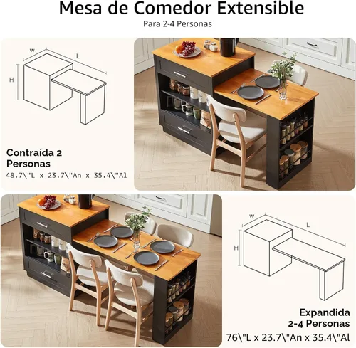 Miniatura 2 de ONBRILL Islas de cocina de 76 pulgadas con mesa de comedor extensible, mesa de isla para 2-4 personas con almacenamiento de doble lado, carrito