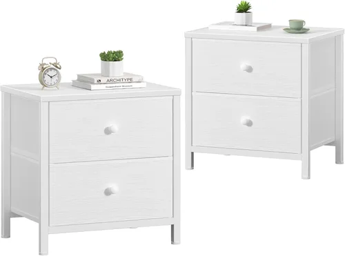 BOLUO Juego de 2 mesitas de noche blancas, mesita de noche pequeña con 2 cajones de tela para dormitorio, mesita de noche moderna