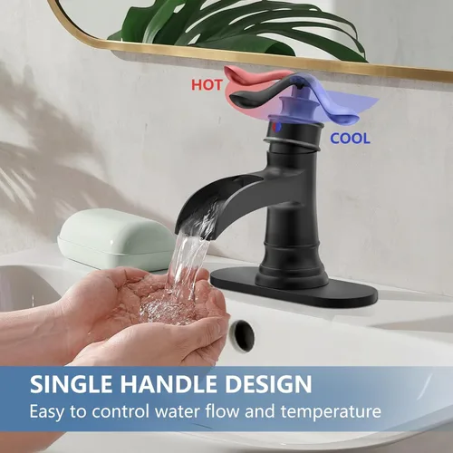 Miniatura 5 de Homevacious Grifo de lavabo de baño con cascada, monocontrol, negro mate y níquel cepillado, grifo mezclador para lavamanos, un orificio, palanca