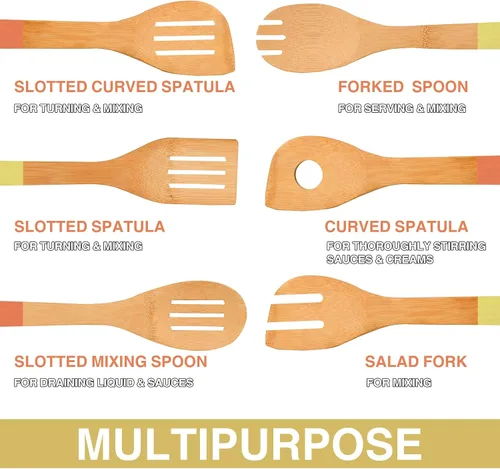 Miniatura 5 de BaHoki Essentials Utensilios de cocina de bambú – Surtido de utensilios de madera natural – sin químicos – Ideal para el cocinero promedio