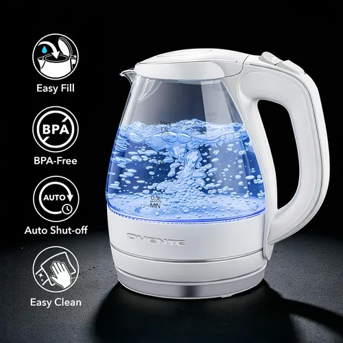 Miniatura 3 de OVENTE Hervidor eléctrico, calentador de agua y hervidor de vidrio borosilicato de 1.5L para encimera para café o té, sin BPA, apagado automático