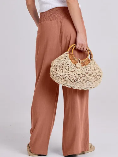 Miniatura 4 de Caracilia Pantalones palazzo de lino para mujer, estilo bohemio, pierna ancha, cintura alta, fruncidos, informales, con bolsillo