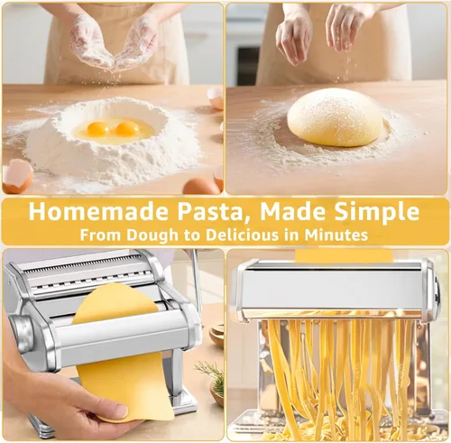 Miniatura 8 de Máquina para hacer pasta con rodillo de 7 ajustes de grosor, cortador 2 en 1, manivela y abrazadera de mesa, máquina manual de pasta de acero