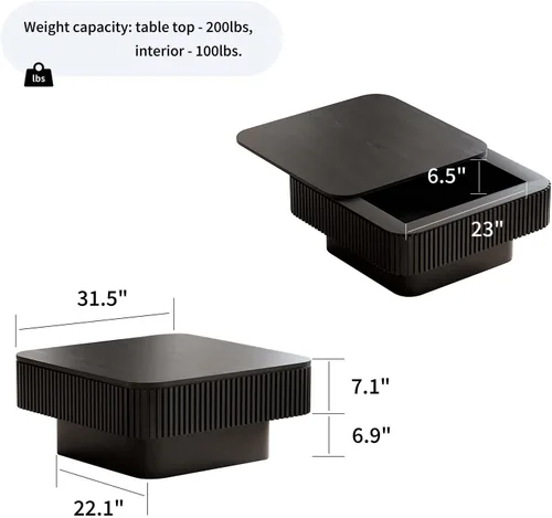 Miniatura 3 de Mesa de café cuadrada pequeña con almacenamiento, mesa de café moderna de madera con chapa de madera maciza, mesa central estriada