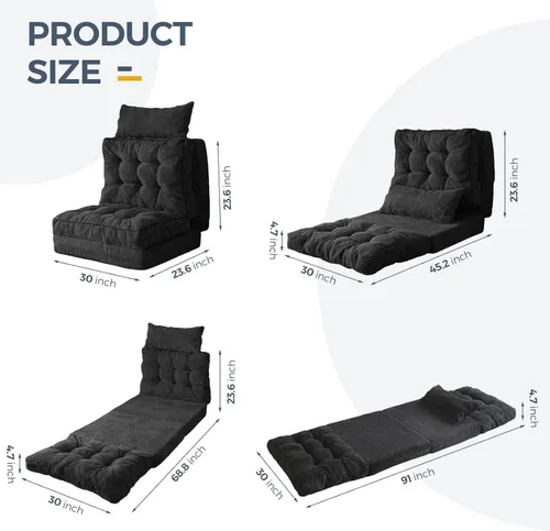 Miniatura 2 de MAXYOYO Sofá cama plegable, puf copetudo con almohadas, sofá de suelo para adultos, sofá de piso extra grueso y largo, sofá individual para Negro