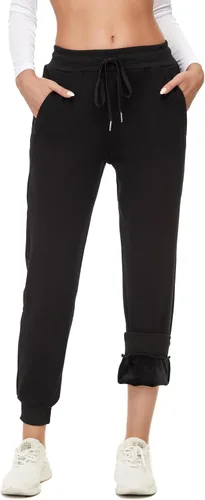 Miniatura 21 de MOUEEY Pantalones deportivos súper cálidos con forro de sherpa para mujer, pantalones deportivos de forro polar con bolsillos con cremallera