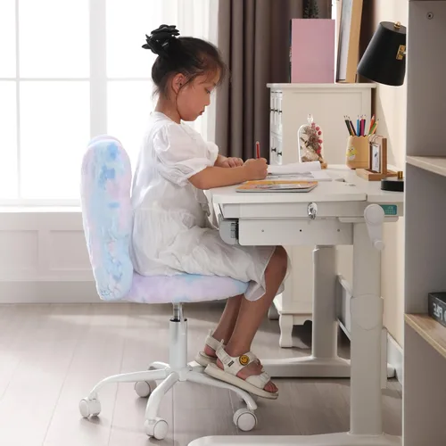 Miniatura 7 de Butterfly - Escritorio y silla para niños, ajustable, giratorio, peludo, azul, para el hogar, dormitorio, escuela, dormitorio