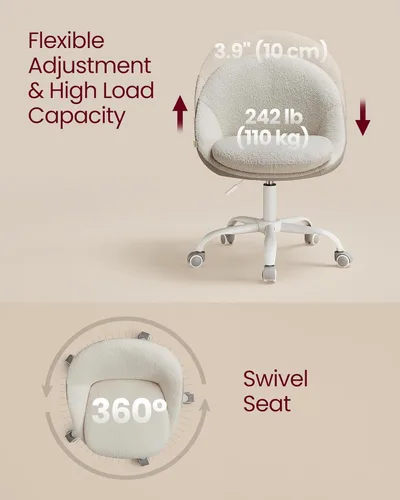 Miniatura 7 de VASAGLE Silla de tocador con respaldo, silla de escritorio giratoria ajustable y linda con ruedas, sherpa y cuero PU para soporte lumbar, compacta