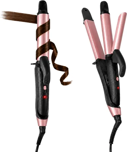 2 en 1 de viaje rizador de pelo de doble voltaje Mini plancha y rizador de pelo (oro rosa)