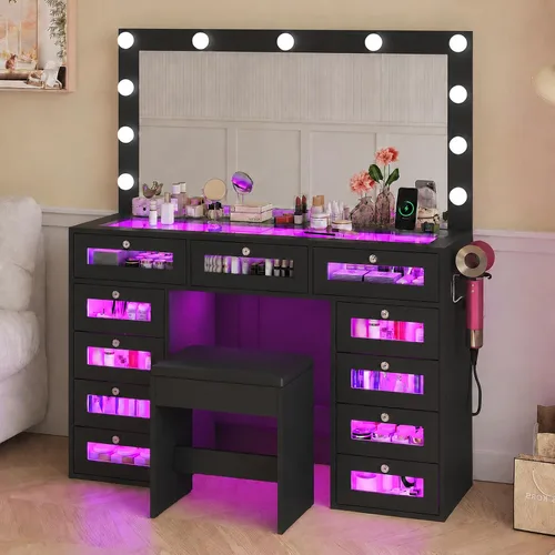 Miniatura 9 de Escritorio negro con espejo iluminado y toma de corriente, mesa de tocador de 11 cajones con silla, tocador de maquillaje con 11 bombillas