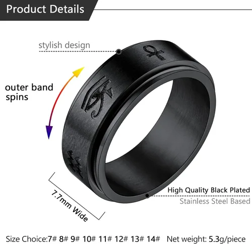 Miniatura 7 de U7 Rhinestone Eye of Horus Ring, Ankh Cross Rng, Stainless SteelBlack18K Gold Plated Egypt Rings, Protection Rings for Men Women Size 7-14