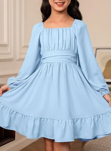 Miniatura 2 de blibean Vestido de manga larga con lazo en la espalda para niñas, vestido de otoño con hombros descubiertos, talla 6-15 años