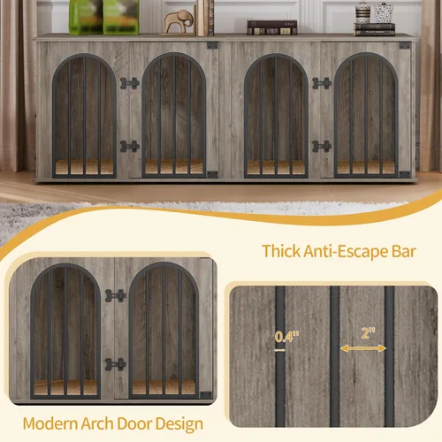 Miniatura 6 de Hzuaneri Mueble jaula para perros de 63" para 2 perros, soporte de TV para perrera de interior resistente, jaula de madera L con divisor para perros