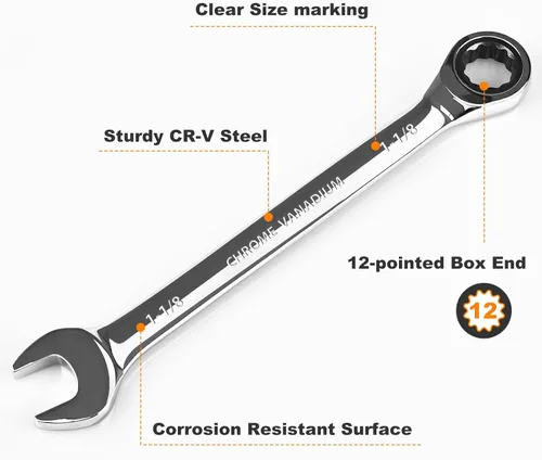 Miniatura 2 de Egofine Llave combinada de trinquete de 1-1/8 pulgadas SAE, llave de engranajes de grado industrial con diseño de 12 puntos, trinquete de 72