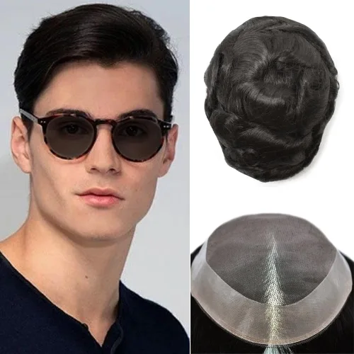 Miniatura 29 de Tupé para hombre, pieza de cabello humano real, monofilamento, tupé para hombres, postizos, unidades de sistema de reemplazo de cabello, gris