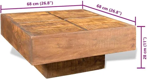 Miniatura 2 de Mesa auxiliar de madera maciza de mango marrón, mesa auxiliar cuadrada con acabado antiguo para sala de estar, mesa baja duradera de centro