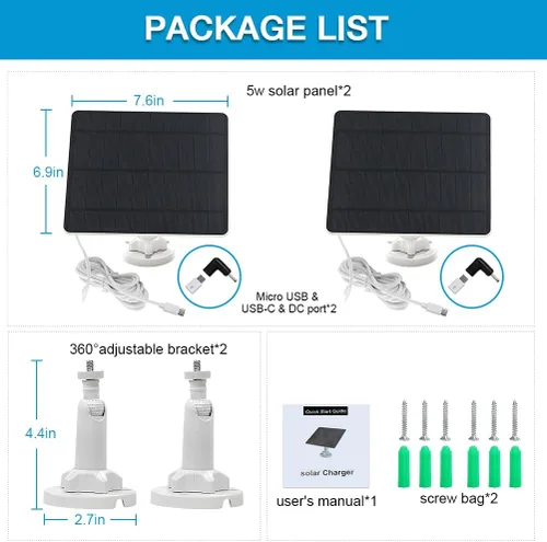 Miniatura 7 de Panel solar para cámara de seguridad, panel solar USB de 5 W para cámaras de CC 5 V, cargador de panel solar para cámara, micro USB, USB-C y CC