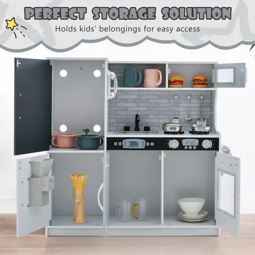 Miniatura 8 de Costzon Juego de Cocina para Niños, Set de Juguetes de Cocina de Madera de Simulación con Sonido Realista, Pizarra Grande, Teléfono, Microondas, gris